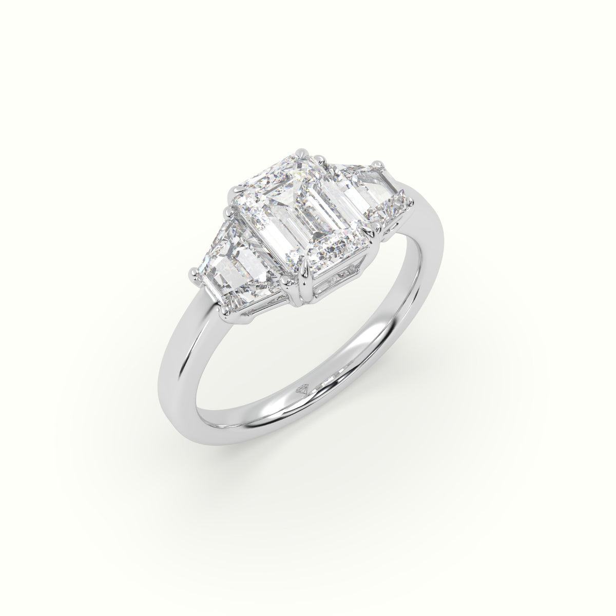 Emerald Diamond Trilogy Trapezium Engagement Ring — White Gold