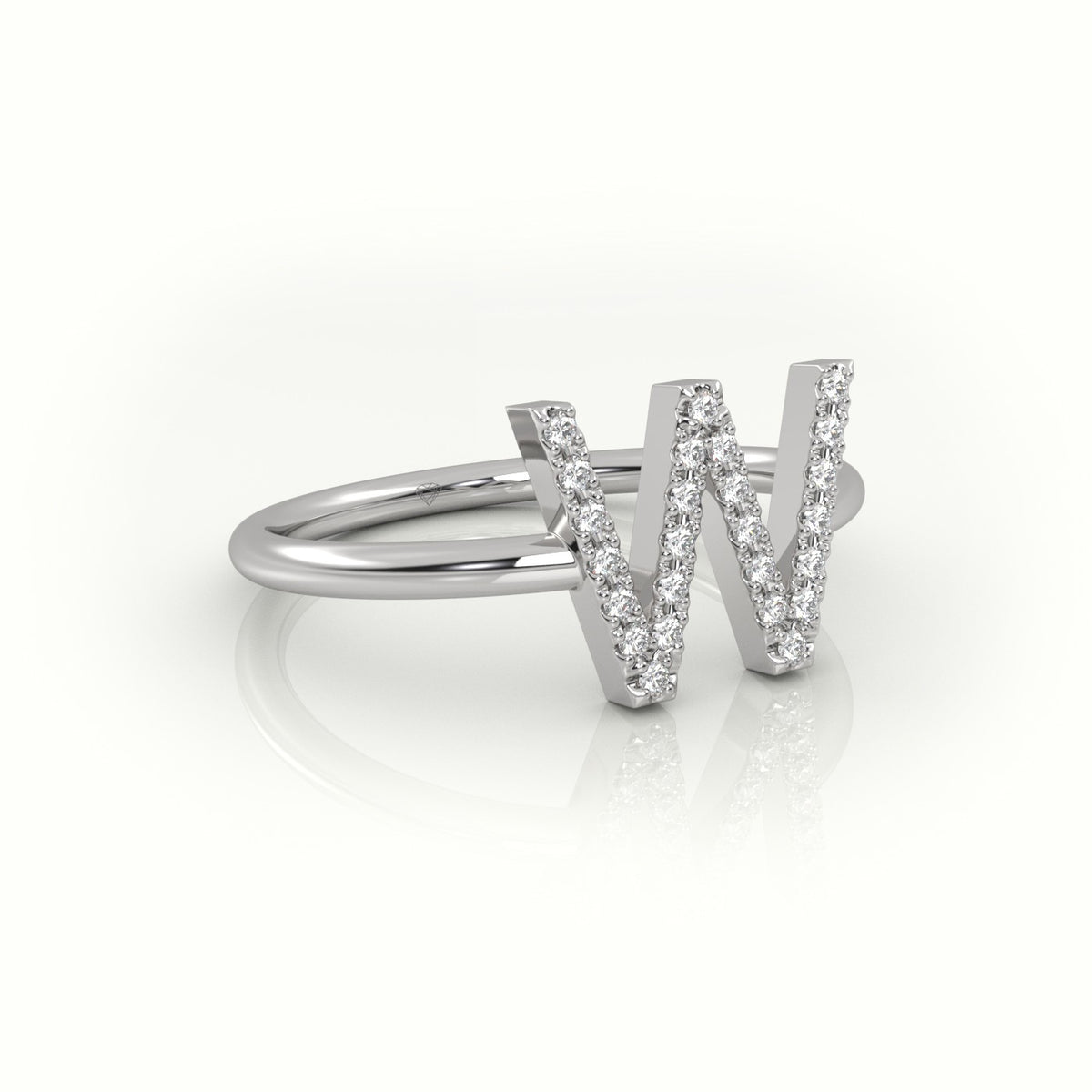 Round Cut Diamonds “W” Initials Monogram Alphabet Ring — White Gold