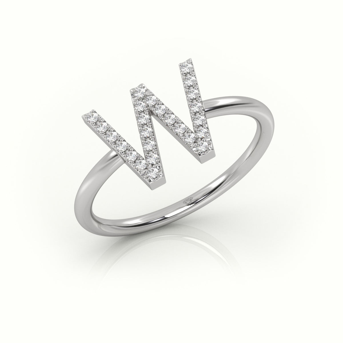 Round Cut Diamonds “W” Initials Monogram Alphabet Ring — White Gold