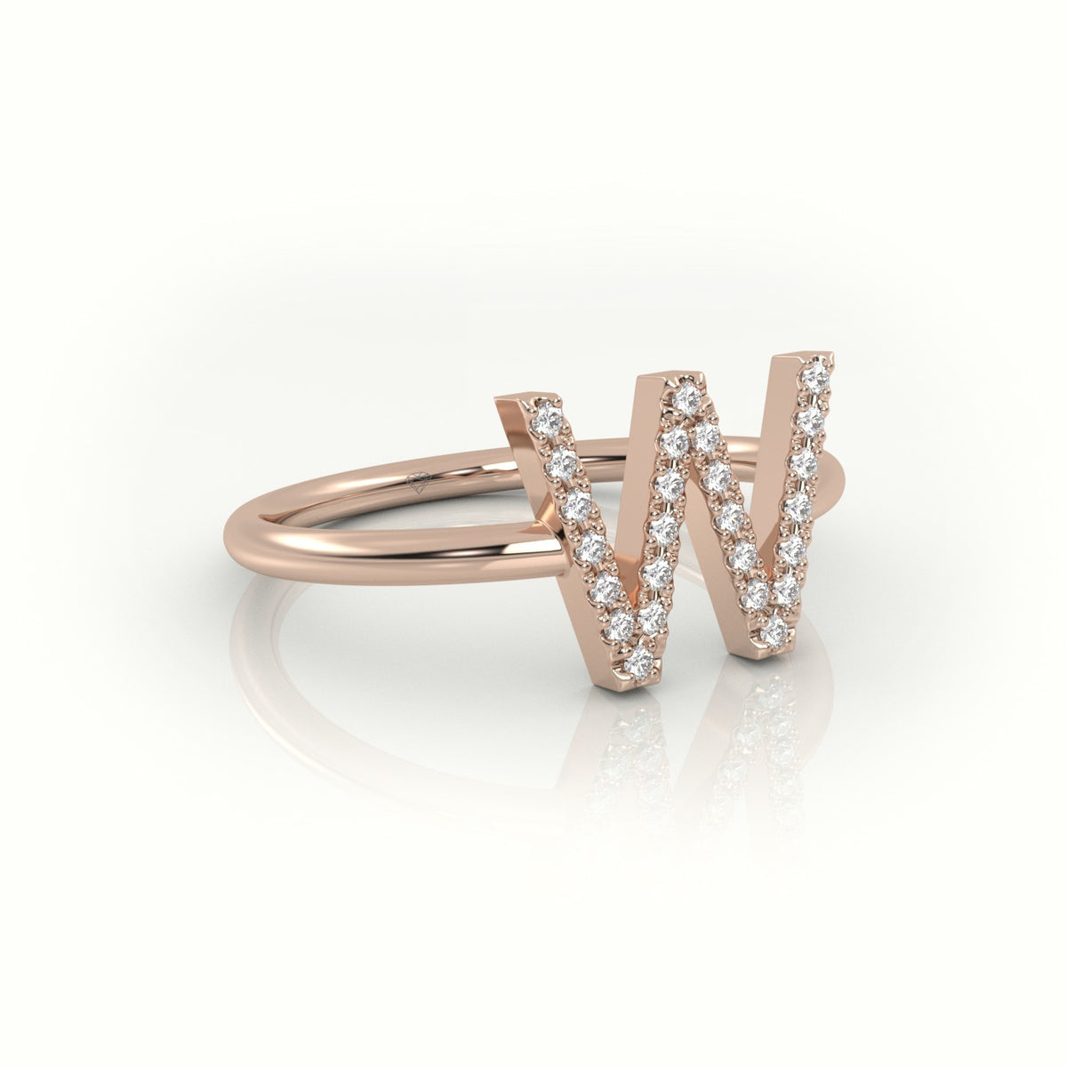 Round Cut Diamonds “W” Initials Monogram Alphabet Ring — Rose Gold