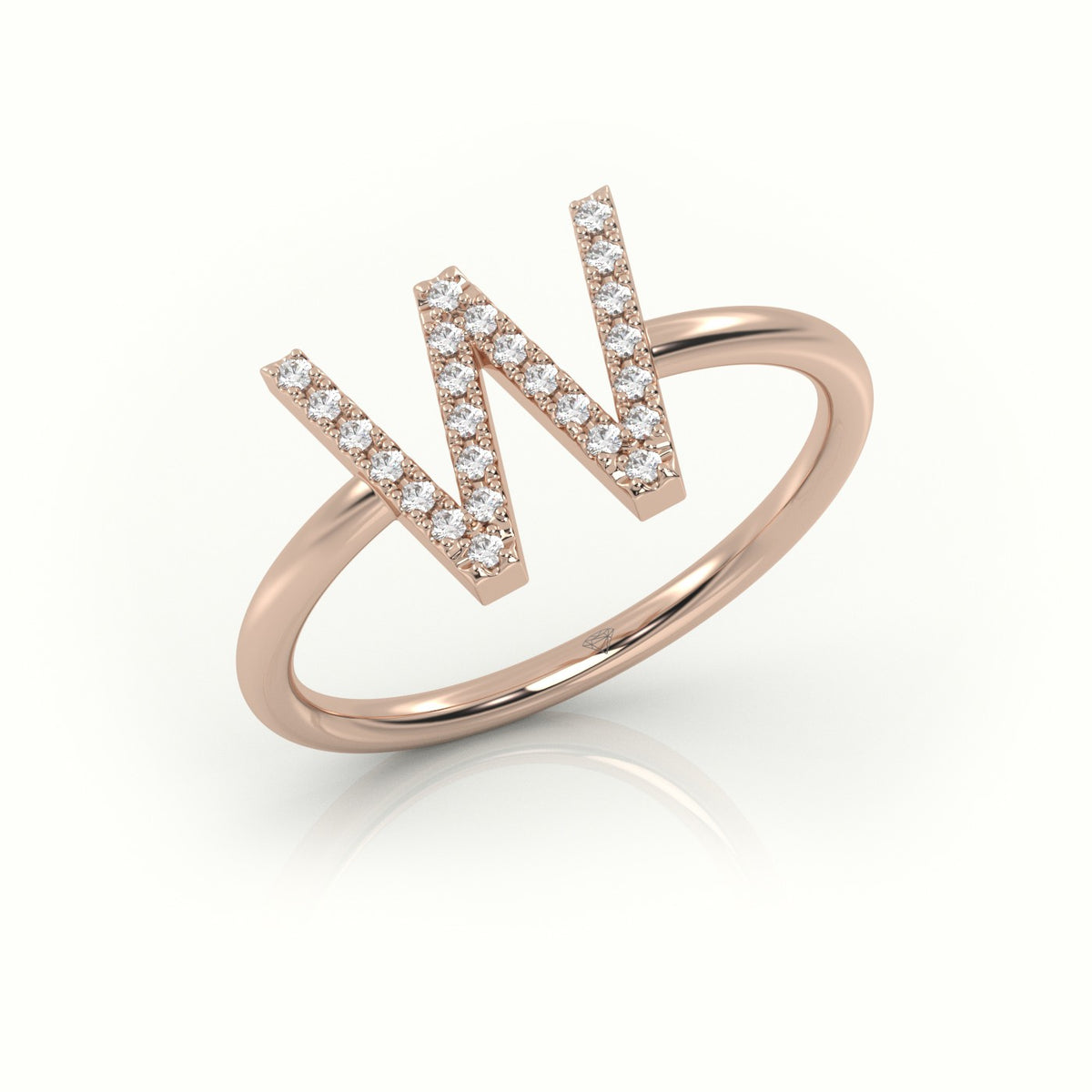Round Cut Diamonds “W” Initials Monogram Alphabet Ring — Rose Gold