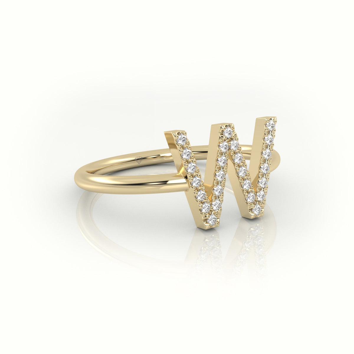 Round Cut Diamonds “W” Initials Monogram Alphabet Ring — Yellow Gold