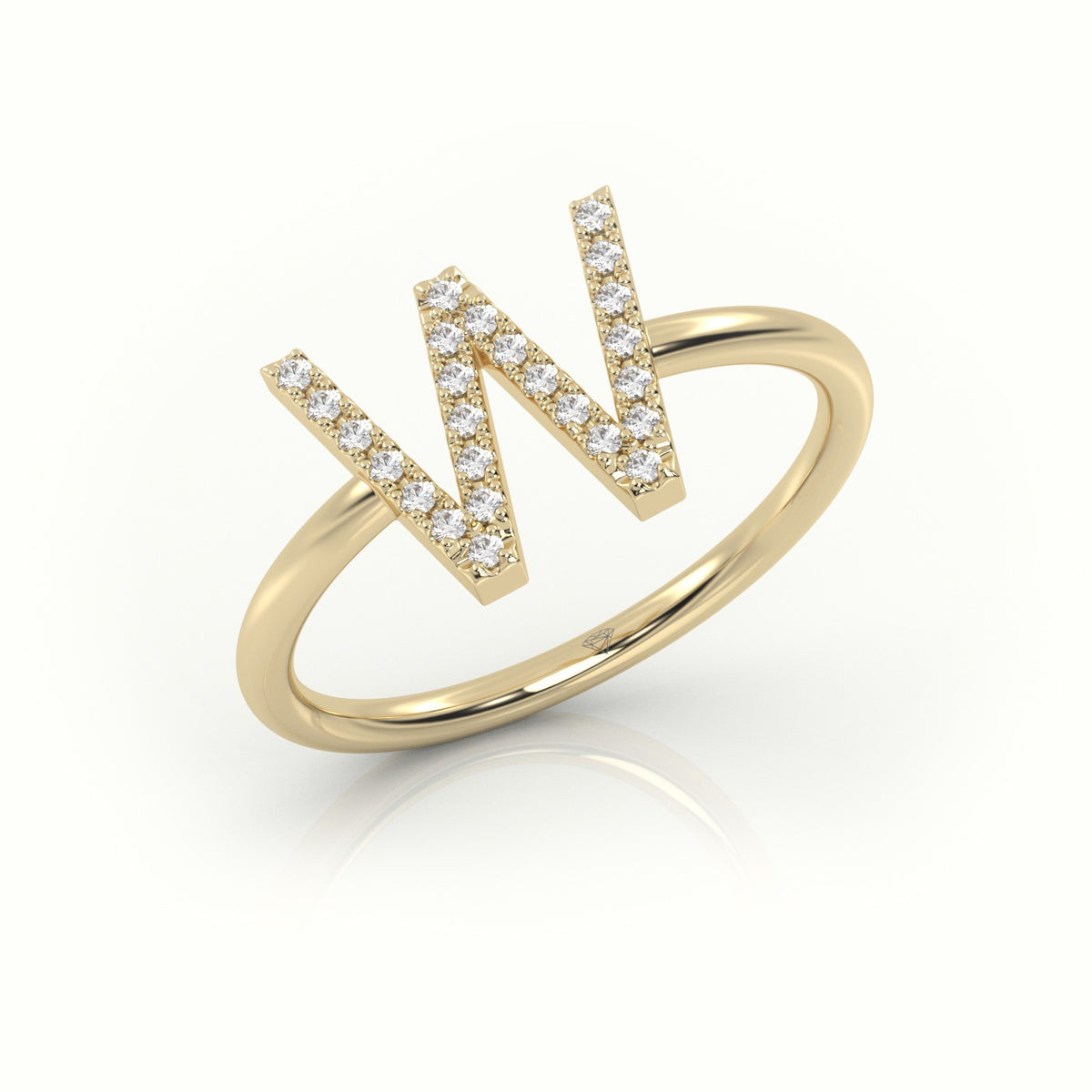 Round Cut Diamonds “W” Initials Monogram Alphabet Ring — Yellow Gold