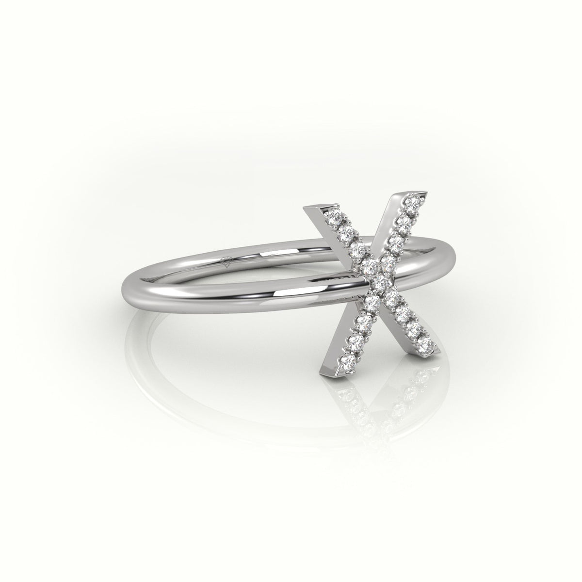 Round Cut Diamonds “X” Initials Monogram Alphabet Ring — White Gold