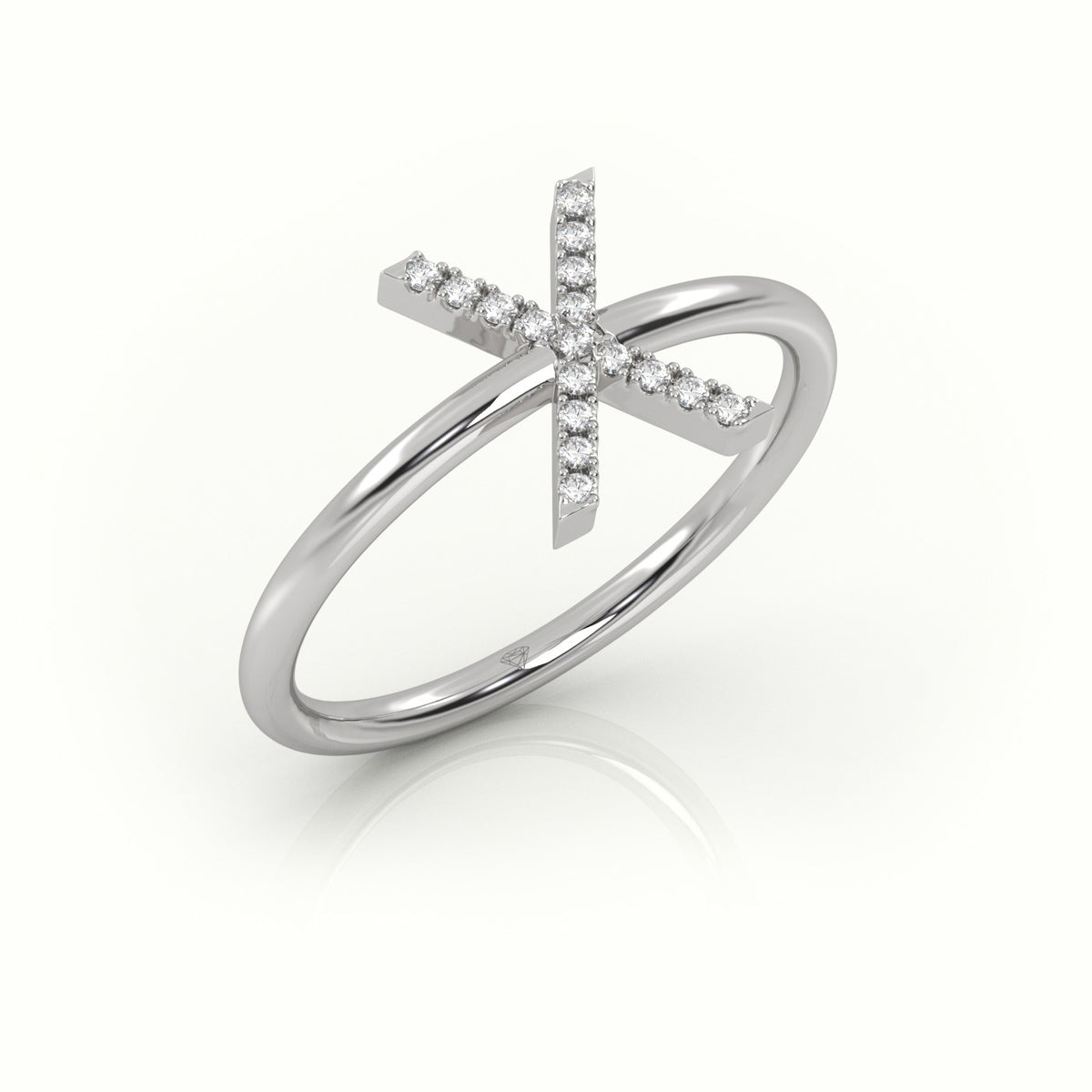 Round Cut Diamonds “X” Initials Monogram Alphabet Ring — White Gold