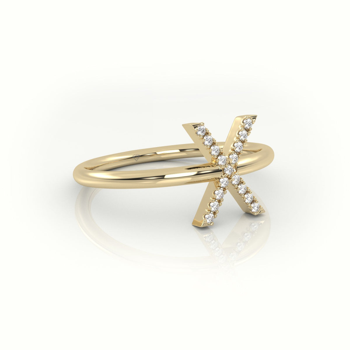 Round Cut Diamonds “X” Initials Monogram Alphabet Ring — Yellow Gold