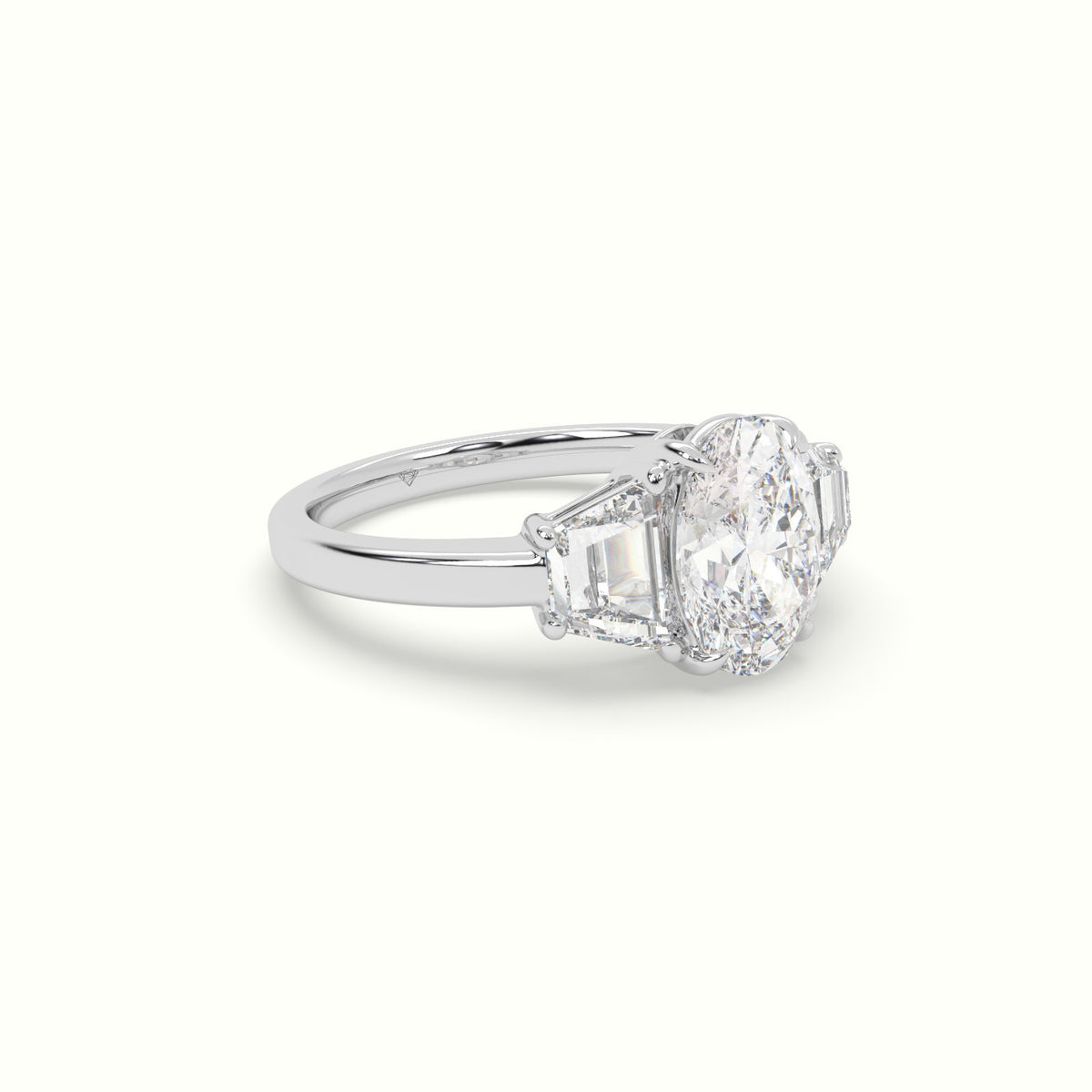 Oval Diamond Trilogy Trapezium Engagement Ring — White Gold
