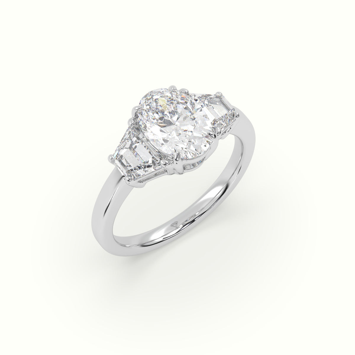 Oval Diamond Trilogy Trapezium Engagement Ring — White Gold