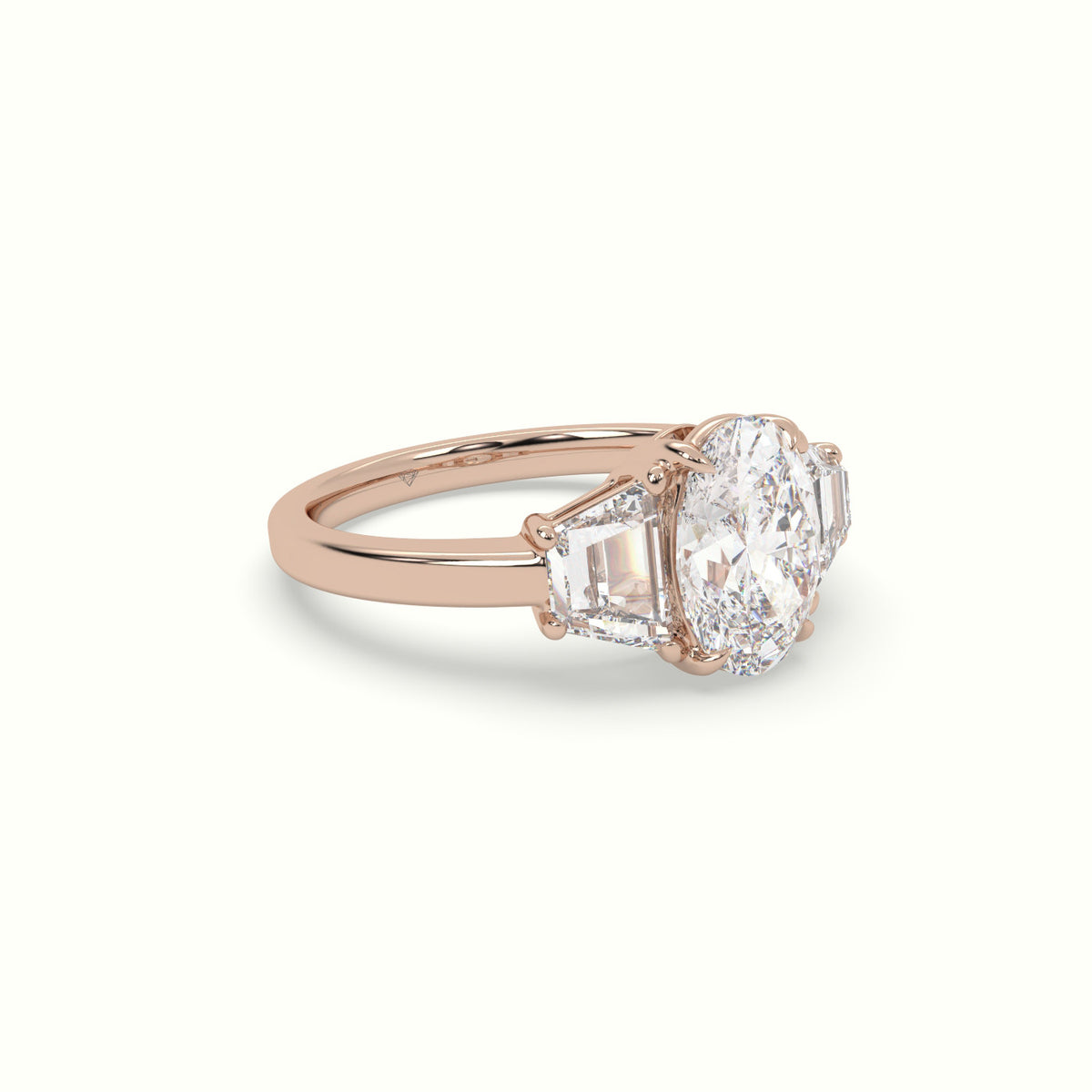 Oval Diamond Trilogy Trapezium Engagement Ring — Rose Gold