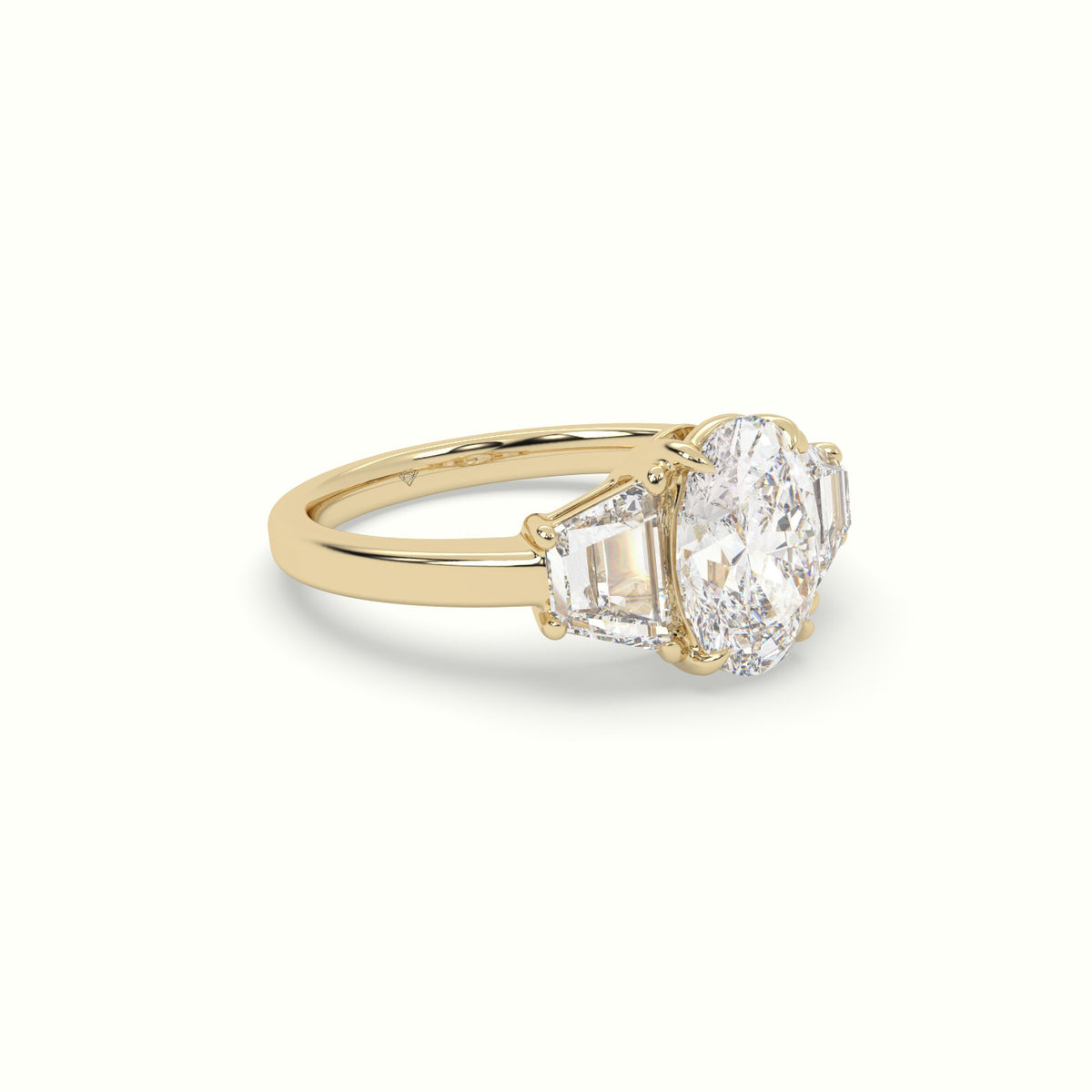 Oval Diamond Trilogy Trapezium Engagement Ring — Yellow Gold