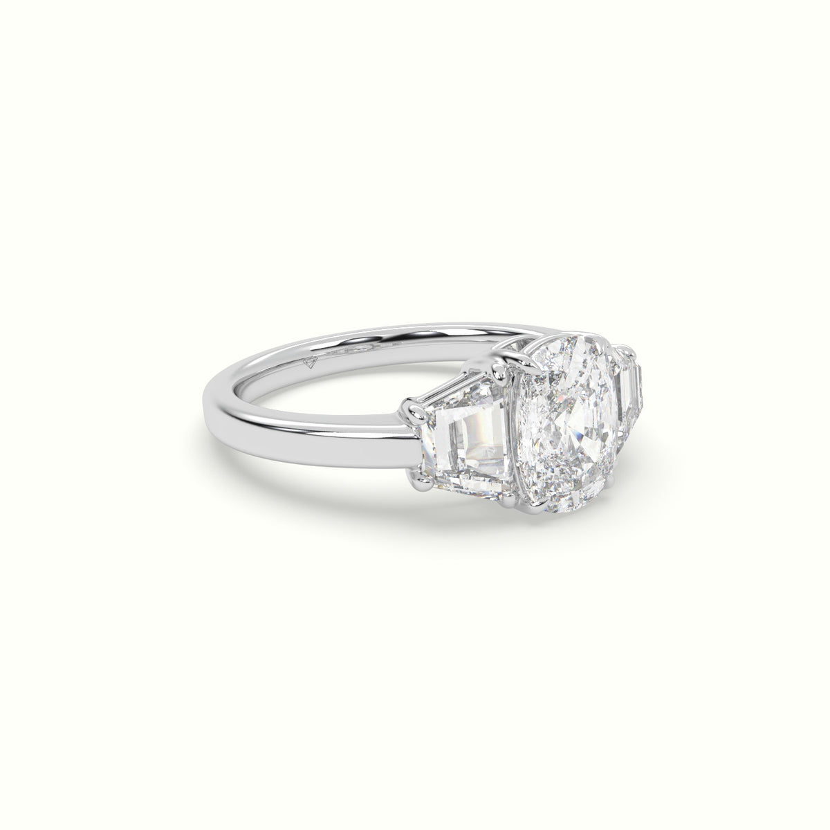 Cushion Diamond Trilogy Trapezium Engagement Ring — White Gold