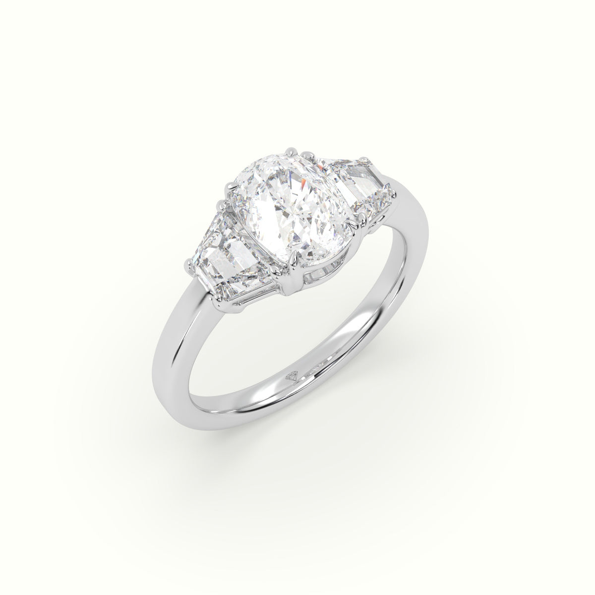Cushion Diamond Trilogy Trapezium Engagement Ring — White Gold