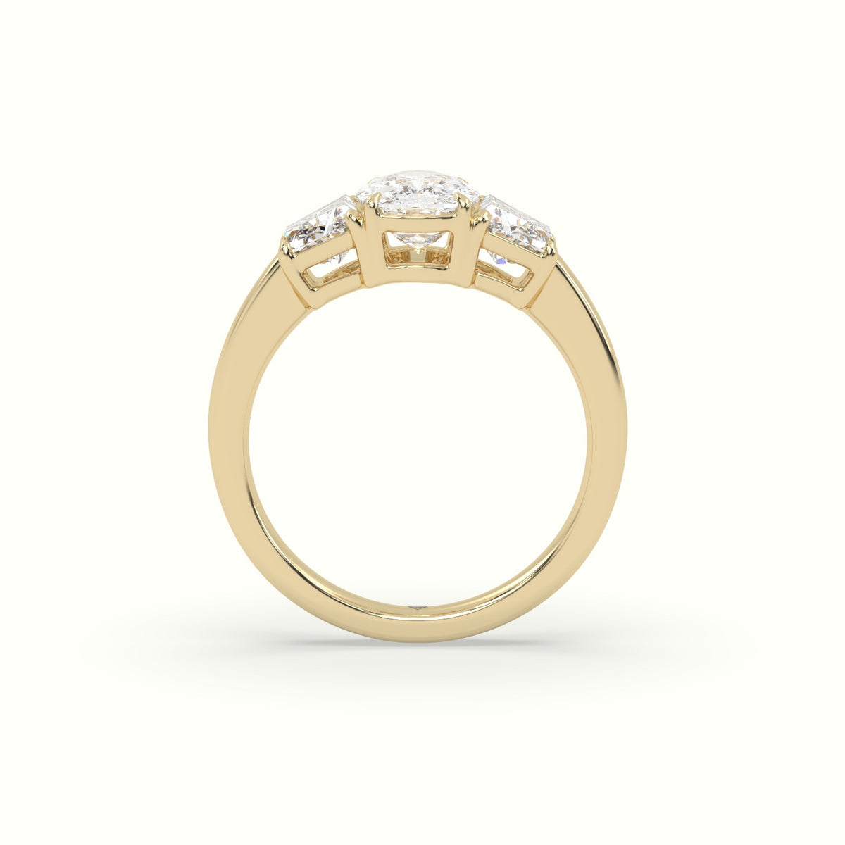 Cushion Diamond Trilogy Trapezium Engagement Ring — Yellow Gold