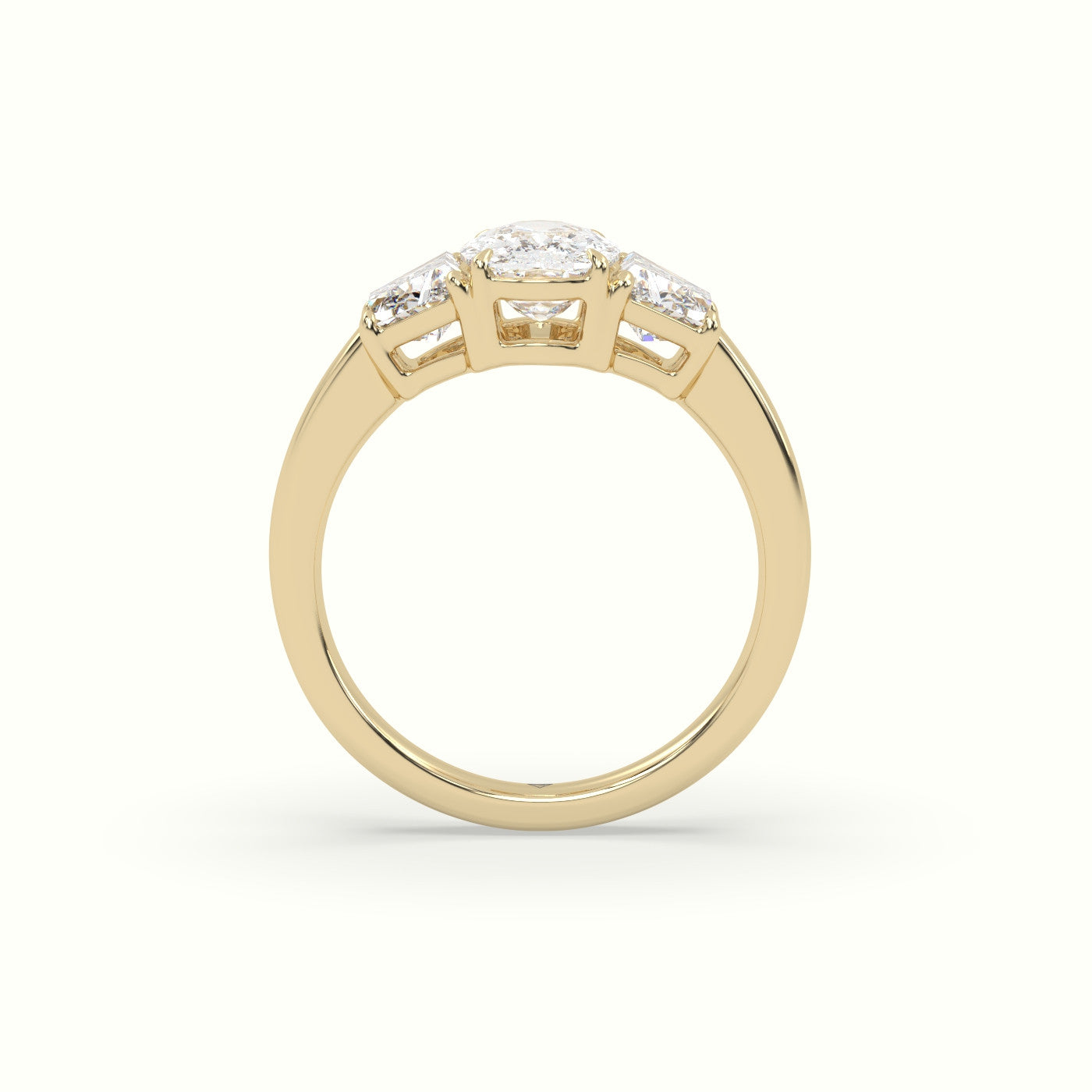 Cushion Diamond Trilogy Trapezium Engagement Ring — Yellow Gold