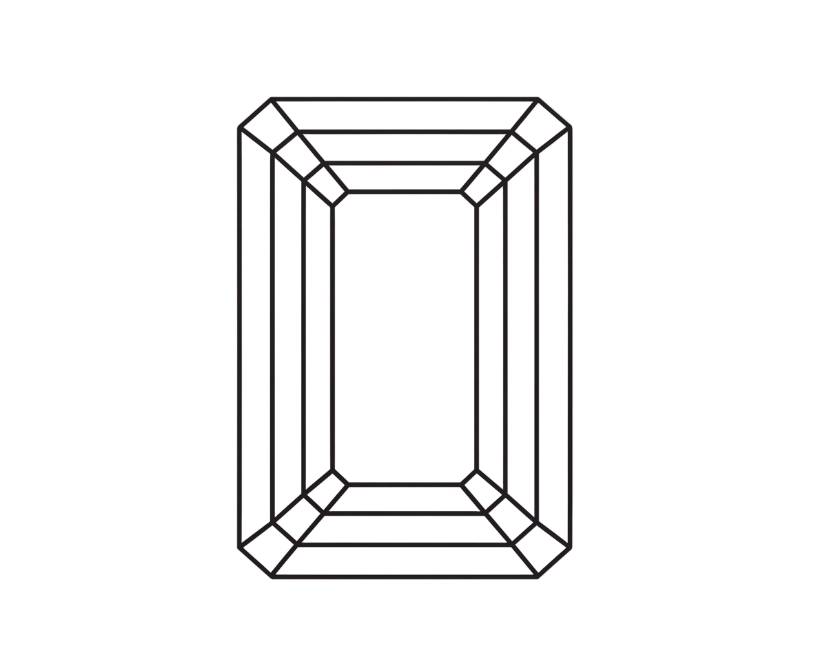A minimalist black and white line drawing of an emerald-cut gemstone, showing its geometric facets on a solid white background.