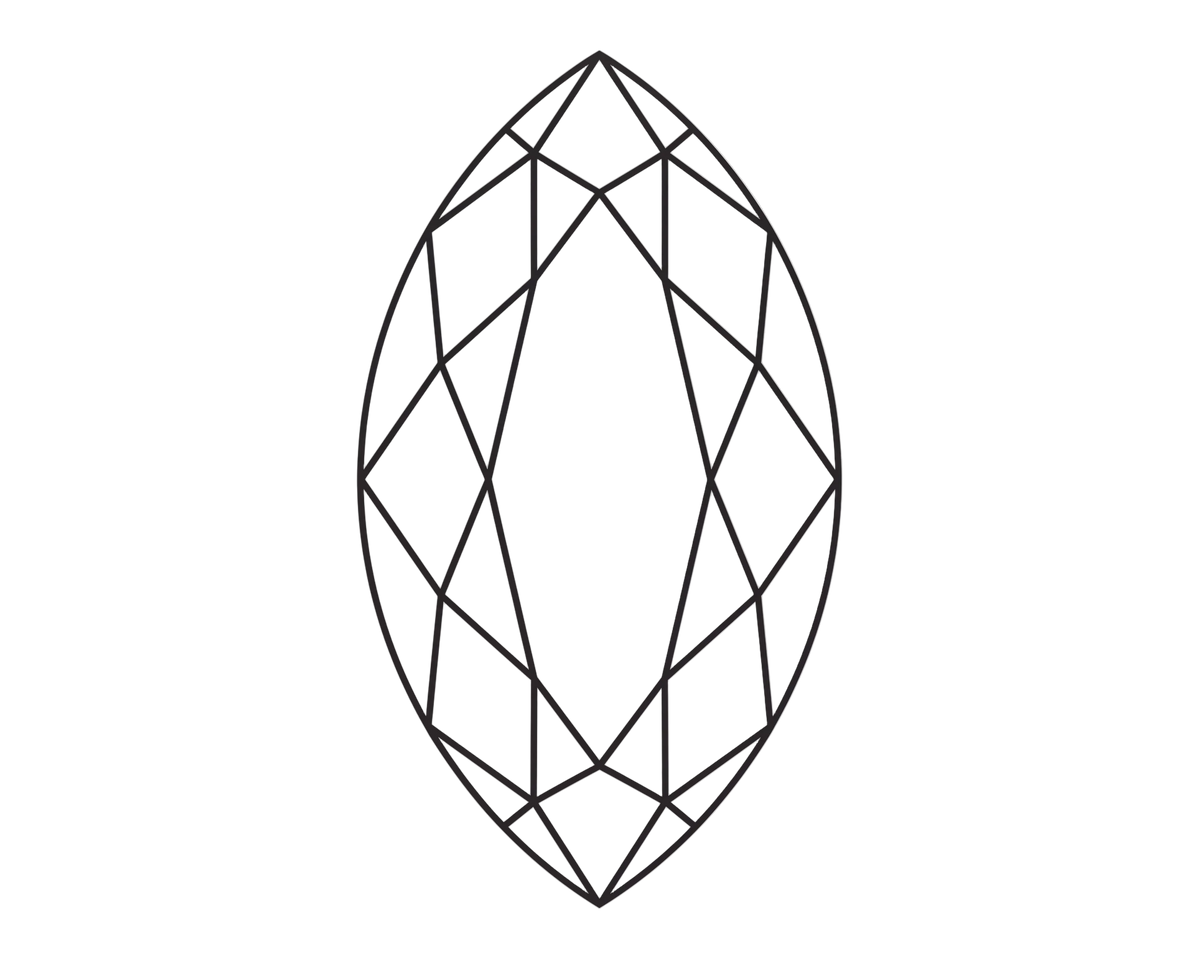 A black line art graphic depicting a marquise-cut gemstone with faceted geometric patterns, centered on a solid white background.