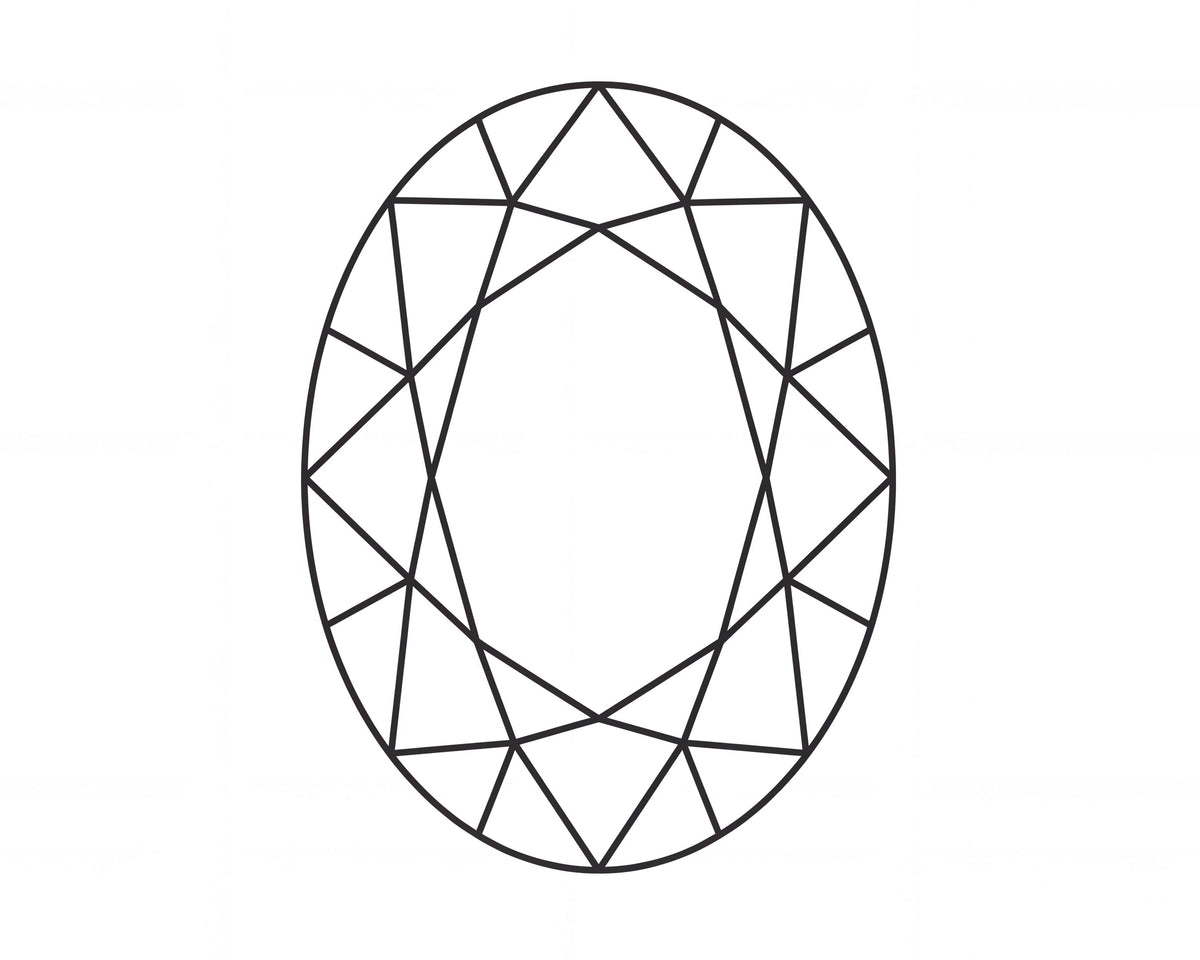A minimalist black line art graphic depicting a faceted oval gemstone, likely a round brilliant-cut diamond or oval marquise-cut gemstone, centered on a solid black background.