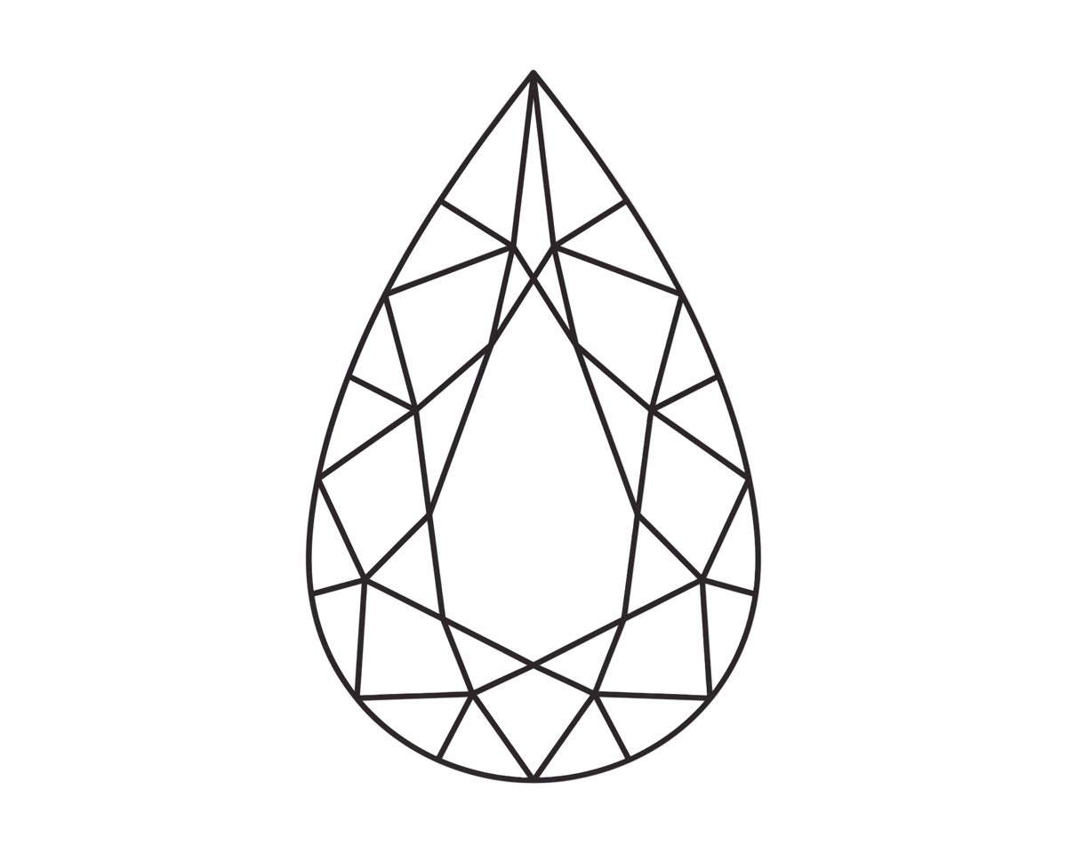 A minimalist black line art illustration of a teardrop-shaped gemstone with a faceted geometric pattern, centered on a solid white background.