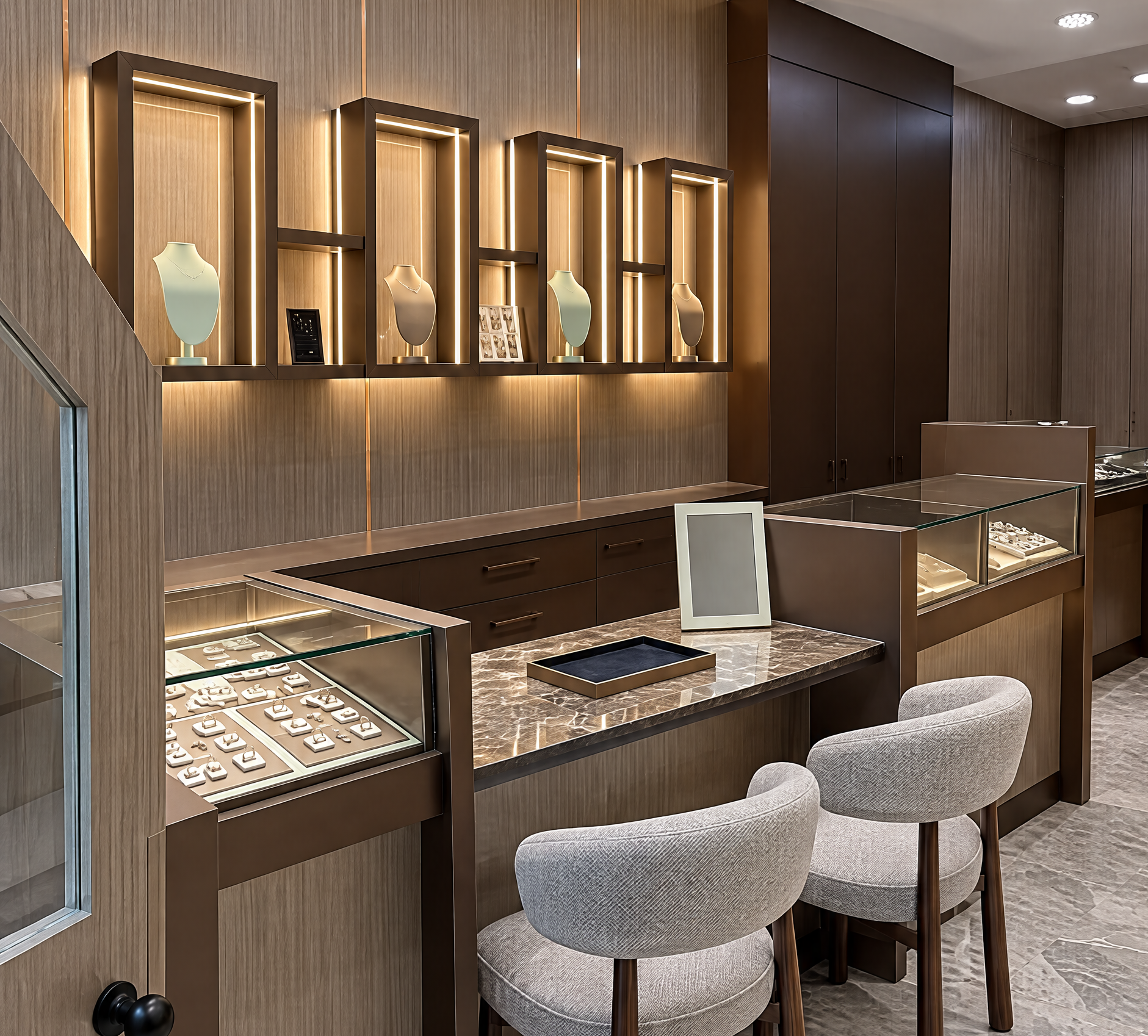 A luxury jewelry boutique interior featuring wood display counters, illuminated glass cases, two upholstered gray chairs, and a polished gray marble floor.
