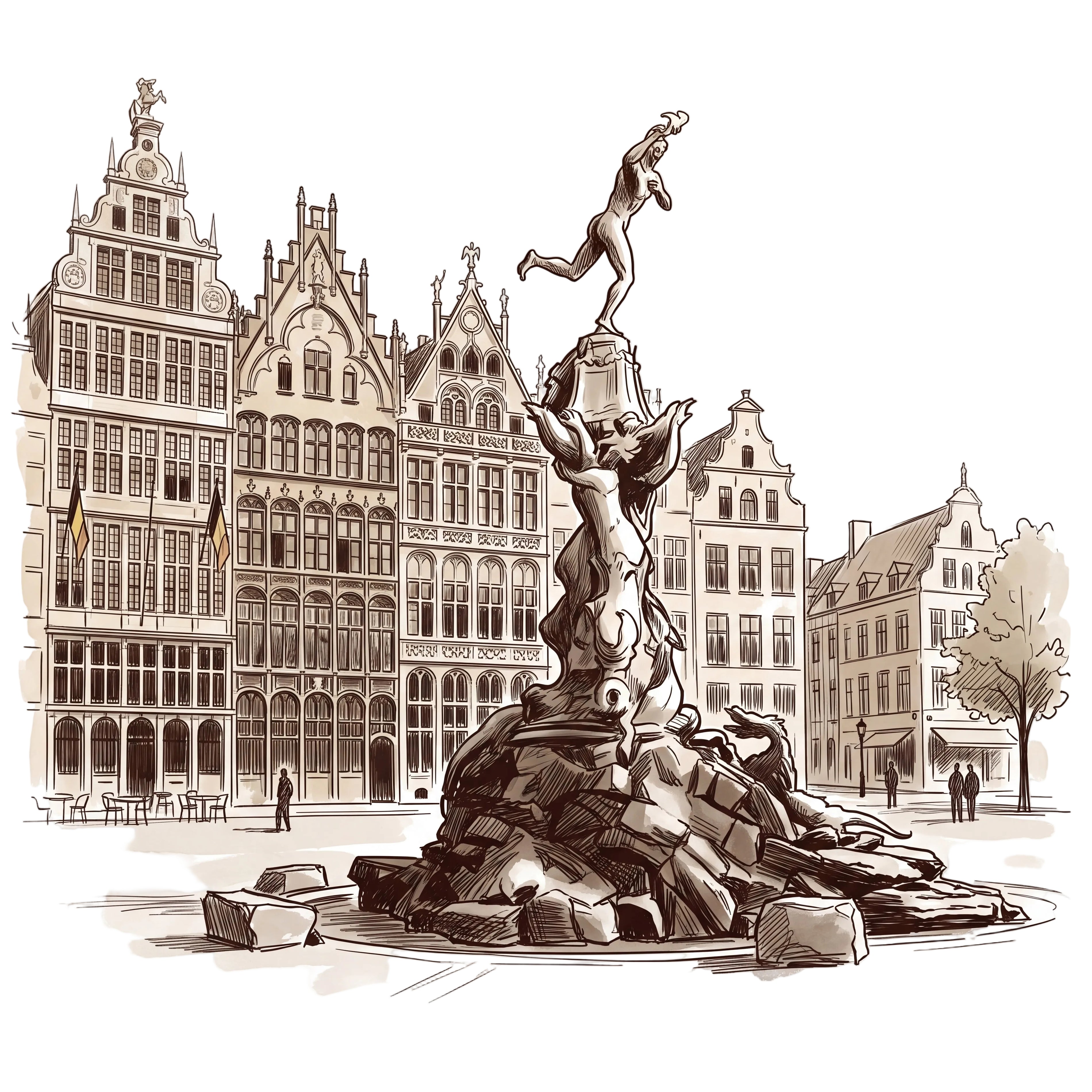 A sepia-toned sketch illustration of Antwerp Old City with a large central fountain sculpture and a running figure atop it, set against ornate historic buildings and a tree on a white background.
