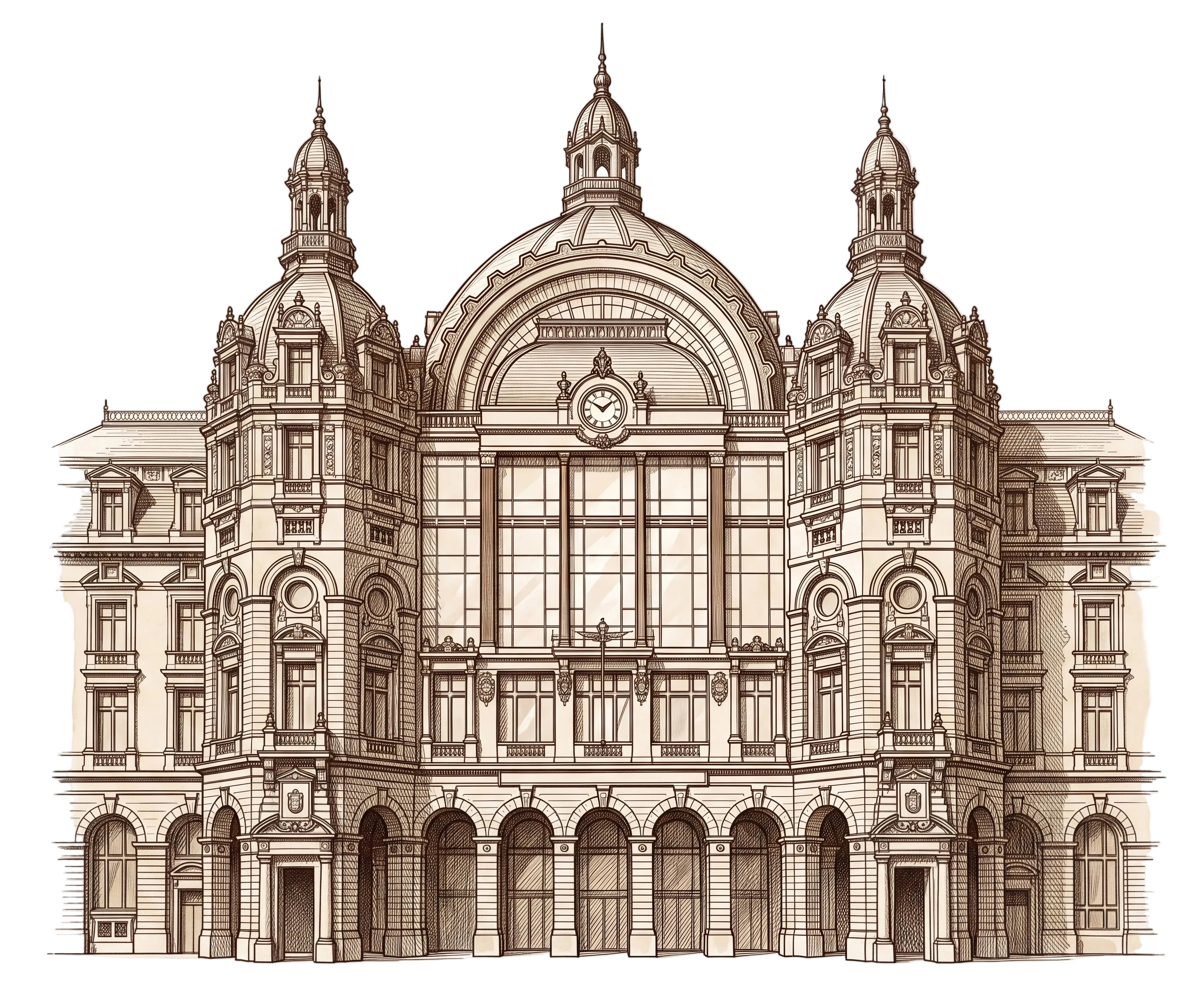 A sepia architectural sketch of Antwerp. An ornate historic building facade with domes, towers, and arched windows, centered on a light beige background.