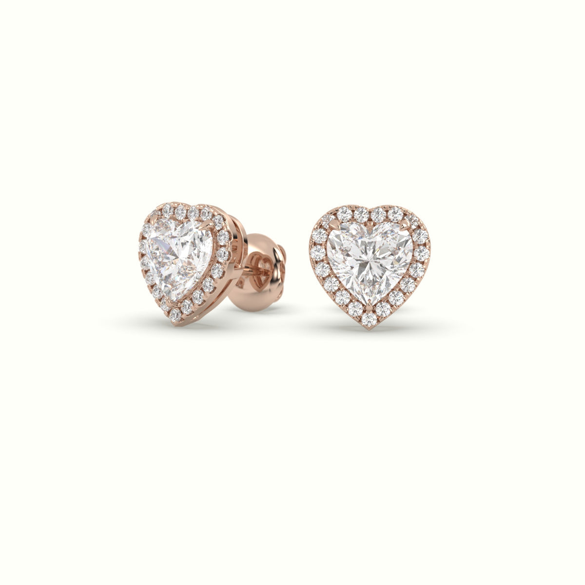 Heart Cut Solitaire Lab-Grown Diamond Halo Stud Earrings 18K Rose Gold
