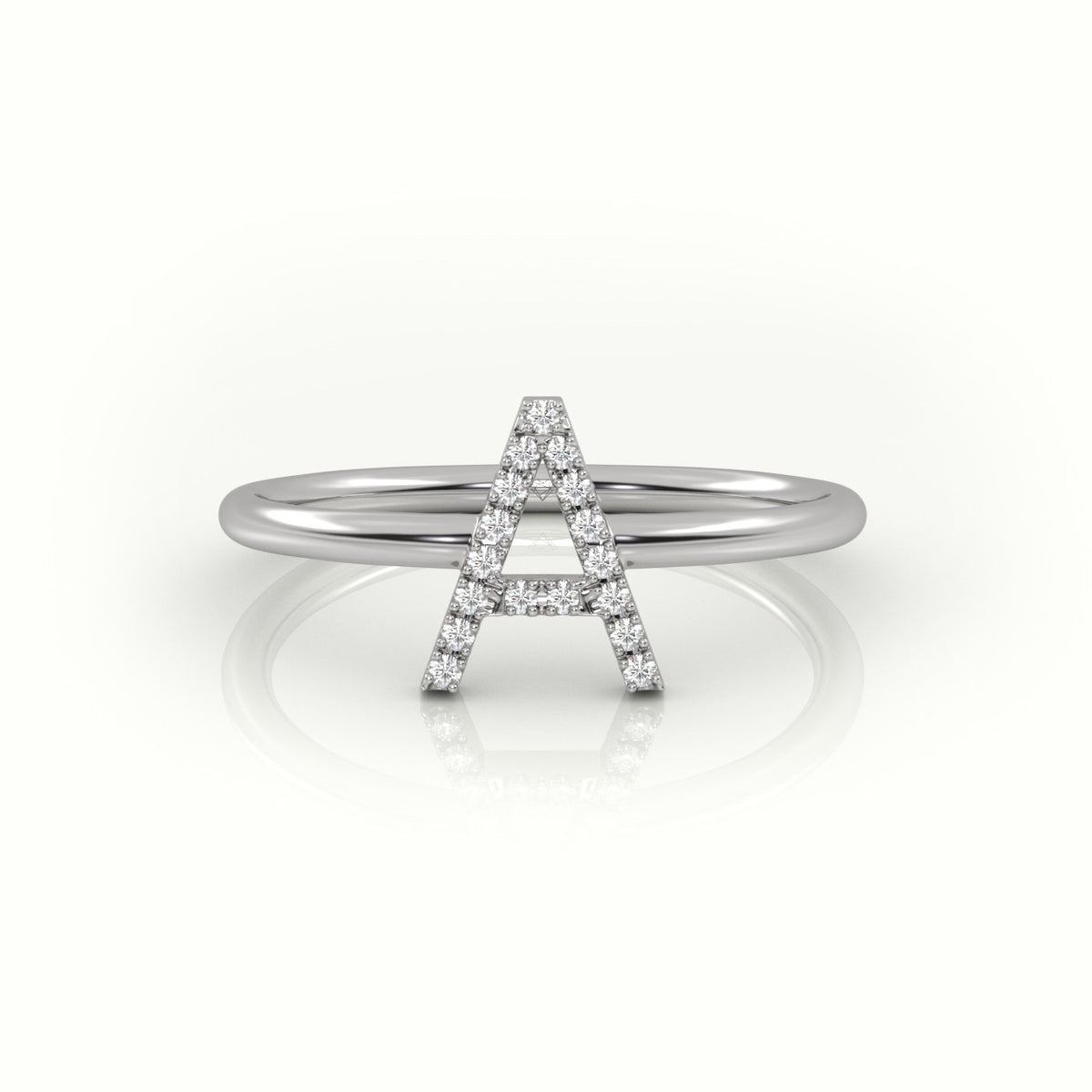 Round Cut Diamonds “A” Initials Monogram Alphabet Ring — White Gold
