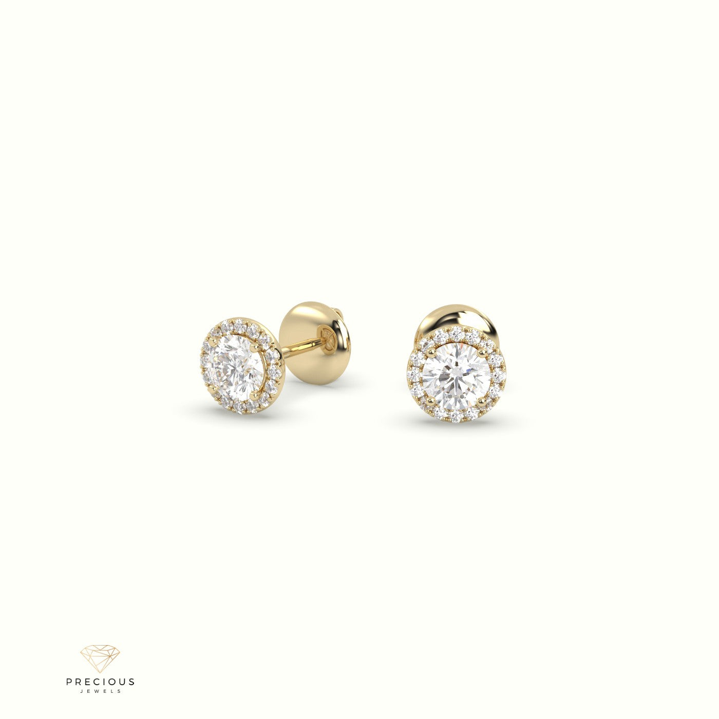 4 Prong Round Lab-Grown Diamond Halo Stud Earrings 18K Yellow Gold