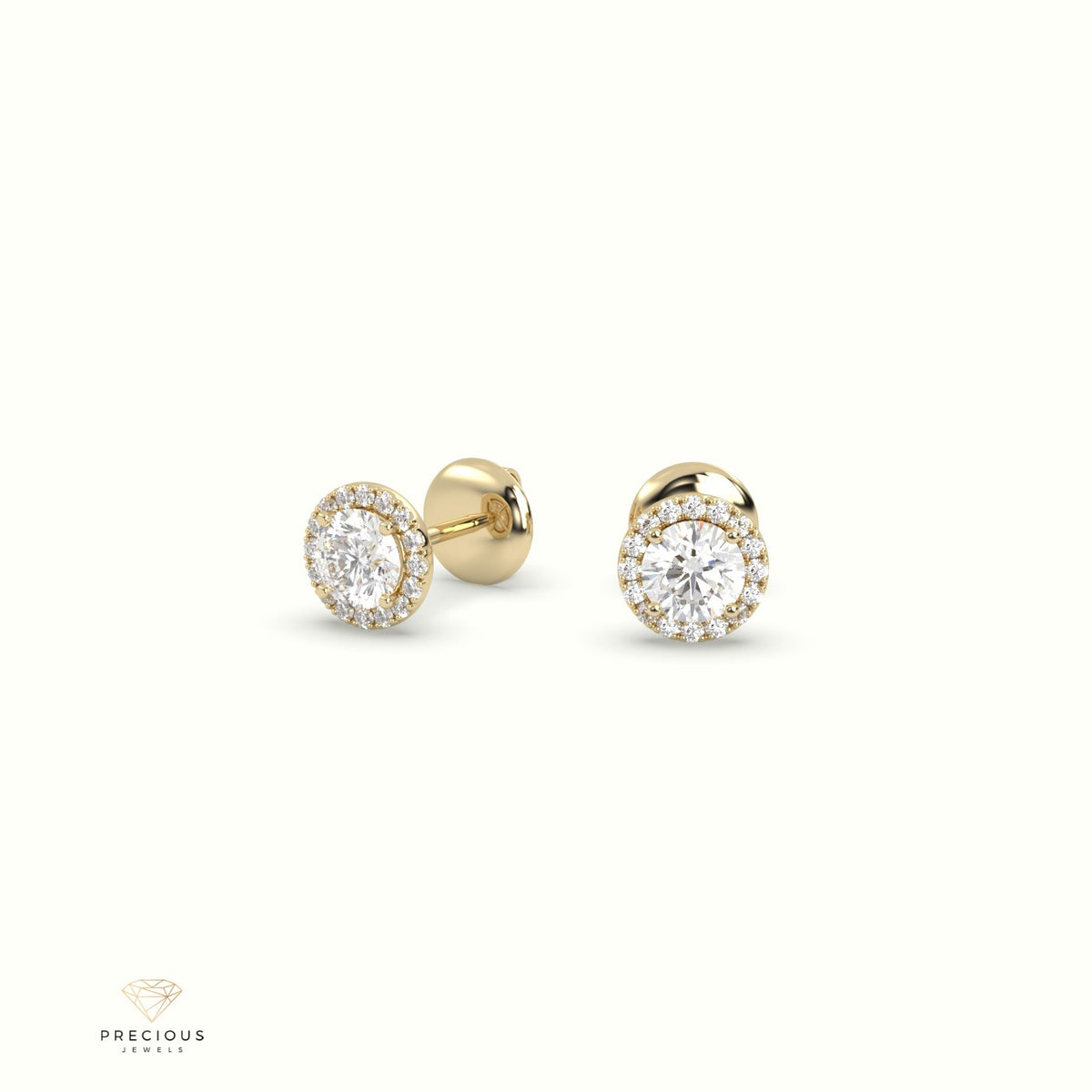 4 Prong Round Lab-Grown Diamond Halo Stud Earrings 18K Yellow Gold