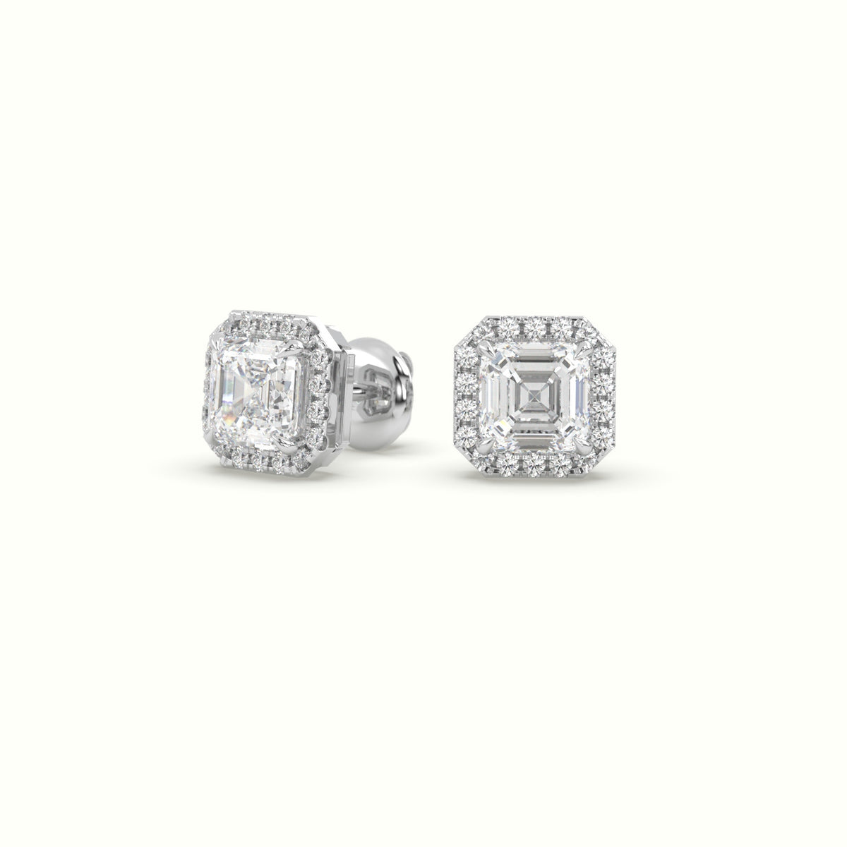 Asscher Cut Solitaire Lab-Grown Diamond Halo Stud Earrings 18K White Gold