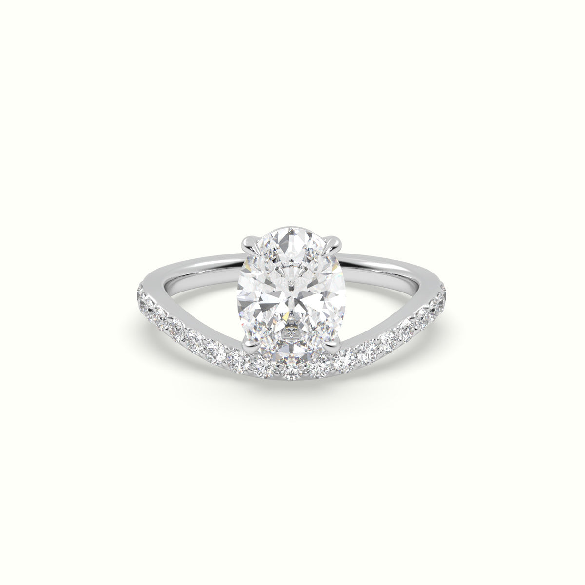 Oval Diamond Solitaire Curved Pavé Engagement Ring — White Gold