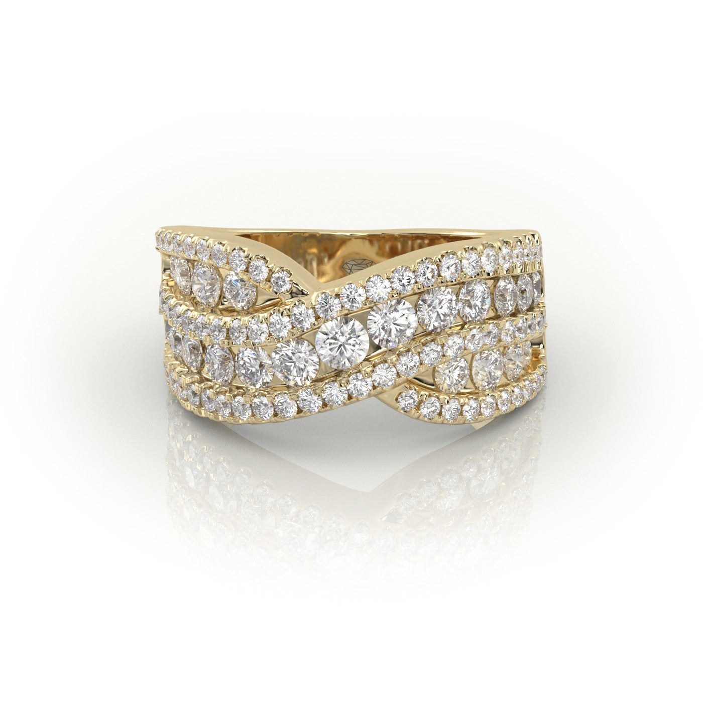 Round Cut Scallop Set Cross Designer Diamond Wedding Band — Yellow Gold