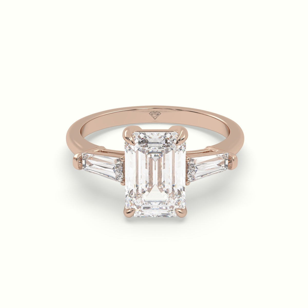 Emerald Cut Diamond Trilogy Engagement Ring — Rose Gold