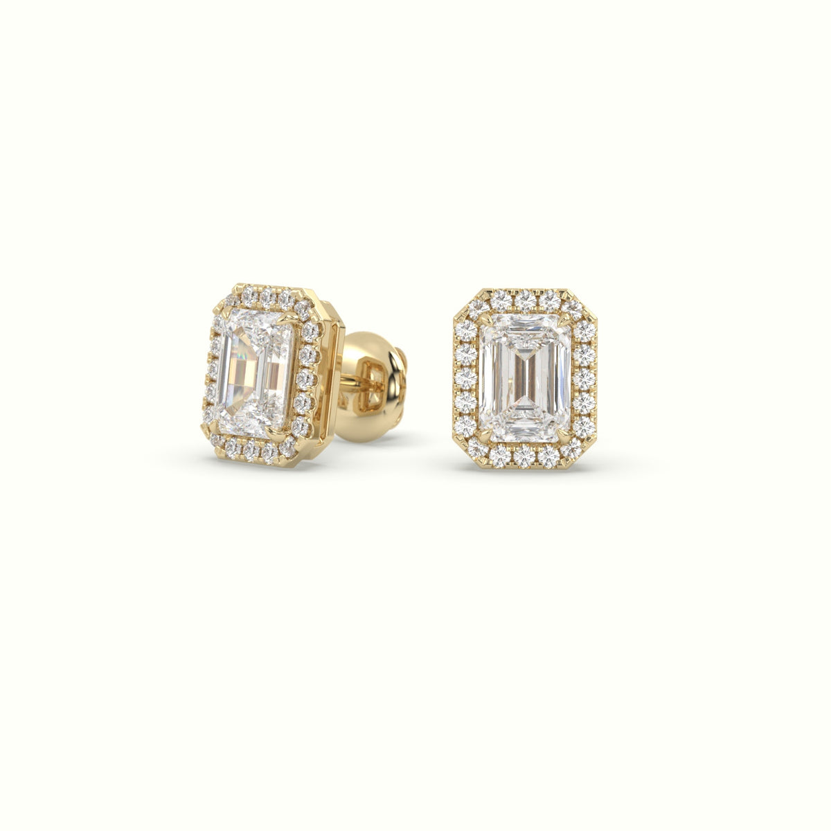 Emerald Cut Solitaire Lab-Grown Diamond Halo Stud Earrings 18K Yellow Gold