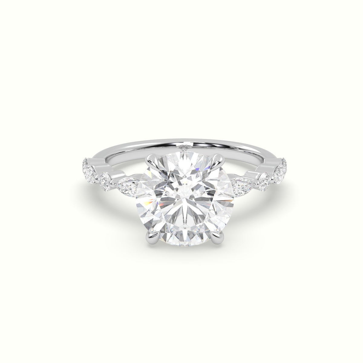 Round Cut Diamond Engagement Ring With Marquise And Round Side Stones — White Gold