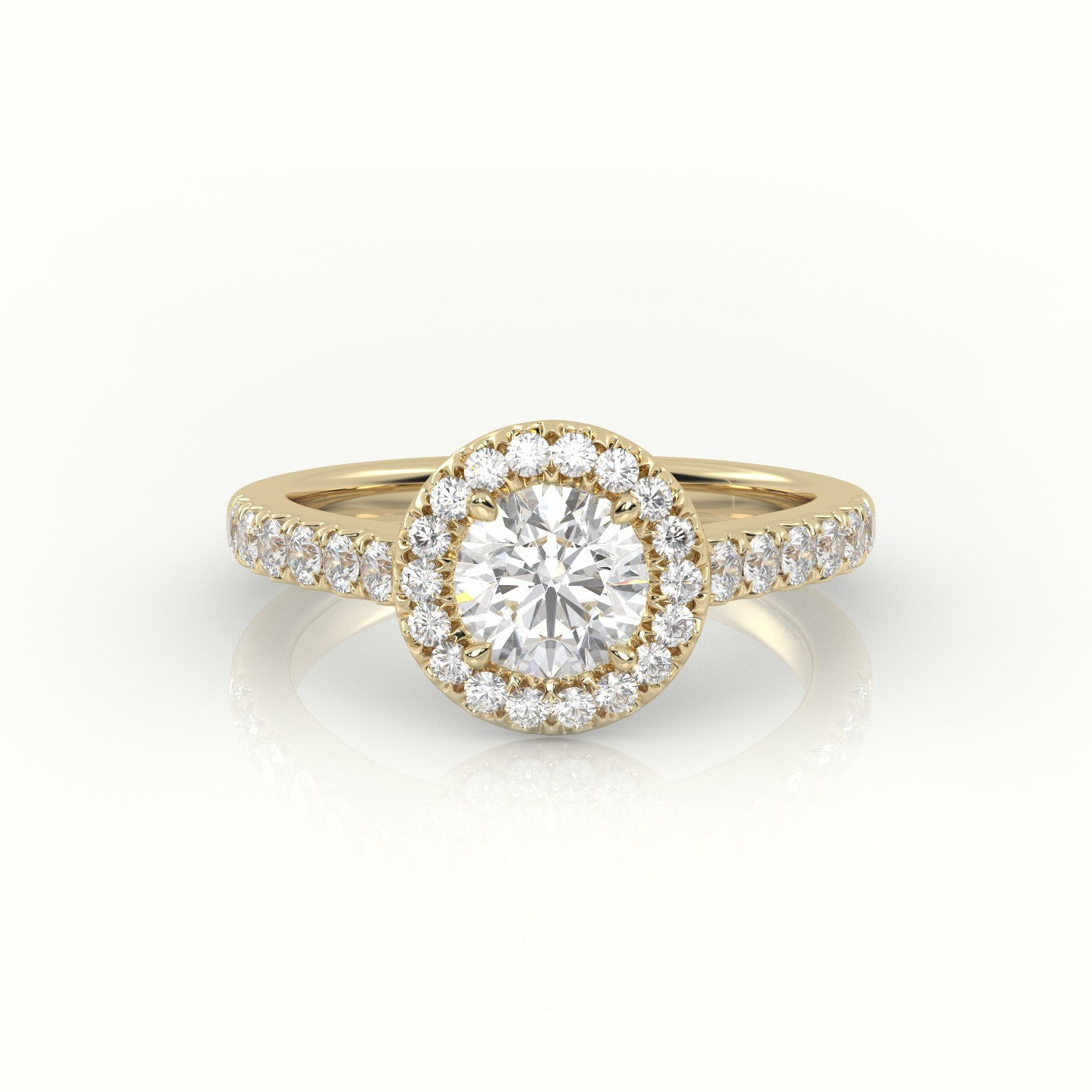Round-Cut-Diamond 4 Prongs Halo Scallop Setting Engagement Ring — Yellow Gold