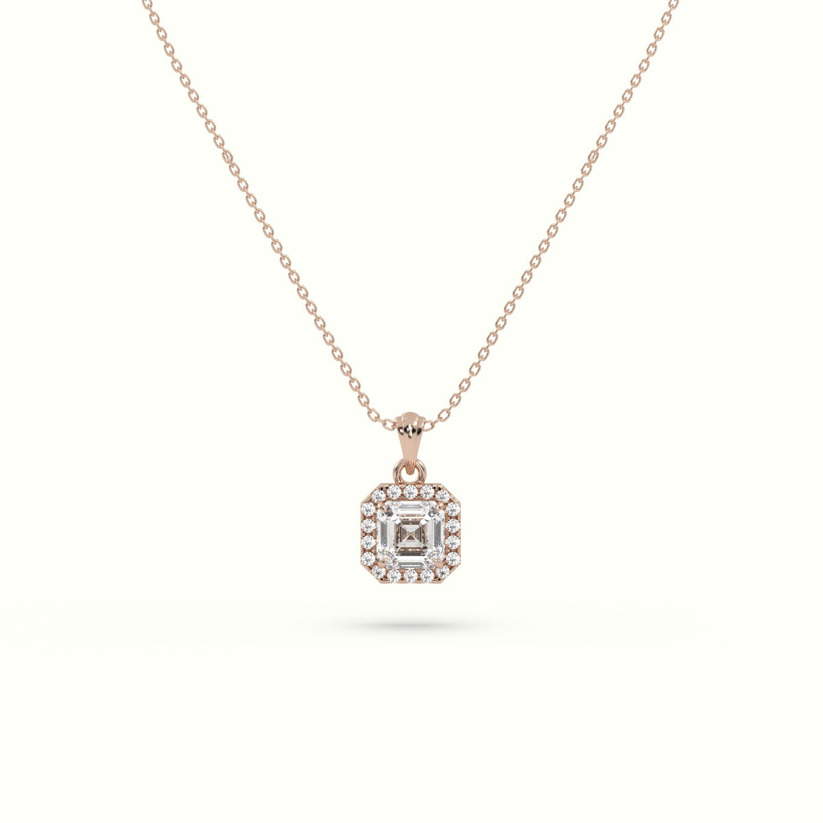Ascher Cut Solitaire Halo Diamond Pendant — Rose Gold
