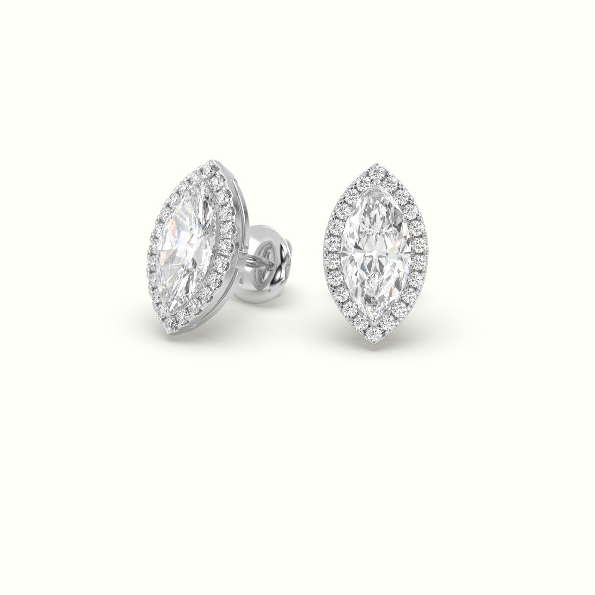 Marquise Cut Solitaire Lab-Grown Diamond Halo Stud Earrings 18K White Gold