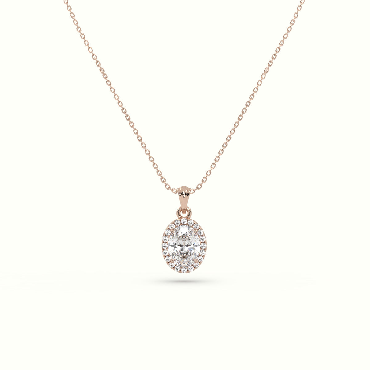 Oval Cut Solitaire Halo Diamond Pendant — Rose Gold