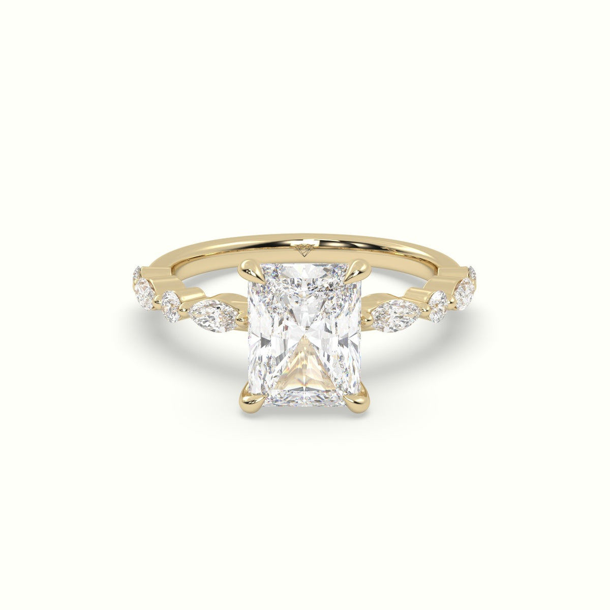 Radiant Cut Diamond Engagement Ring With Marquise And Round Side Stones — Yellow Gold