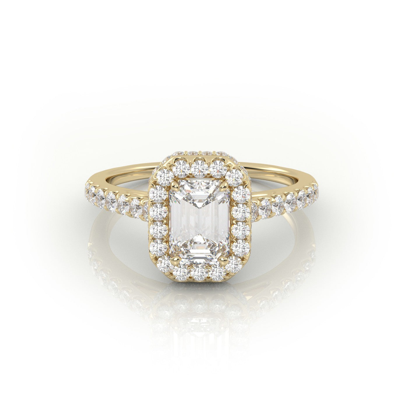 Emerald Cut 4 Prongs Halo Scallop Set Engagement Ring — Yellow Gold