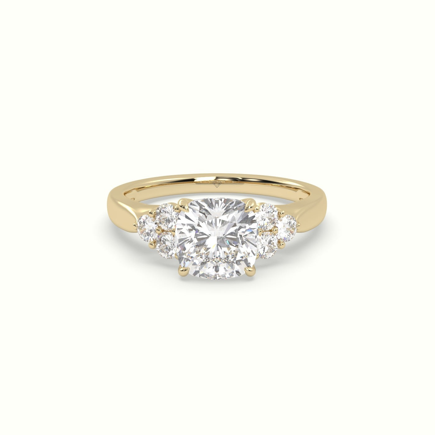 Cushion Cut Diamond Side Stone Engagement Ring — Yellow Gold