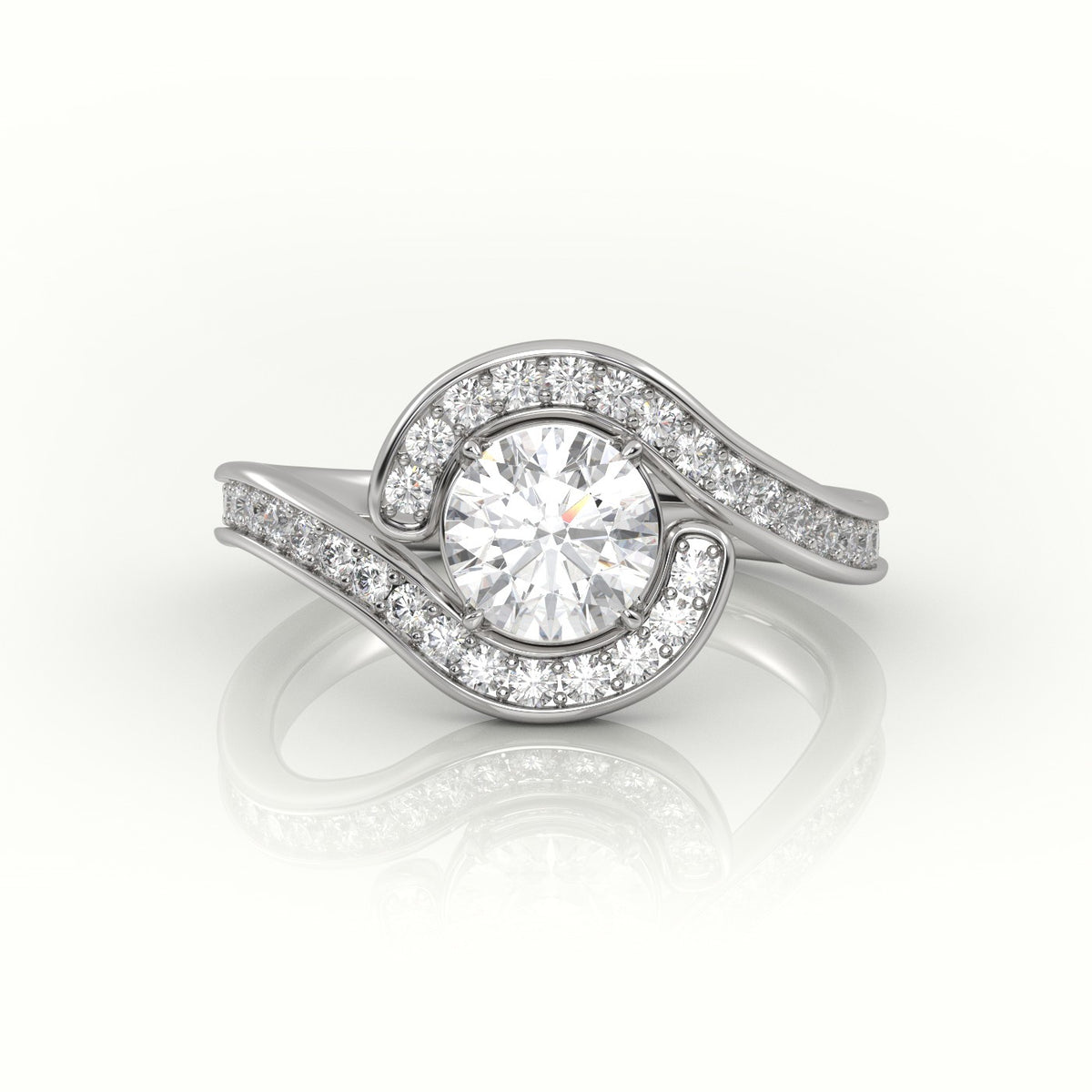 Round Diamond 4 Prongs Swirl Design Engagement Ring — White Gold