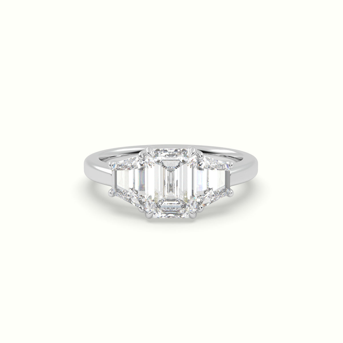 Emerald Diamond Trilogy Trapezium Engagement Ring — White Gold