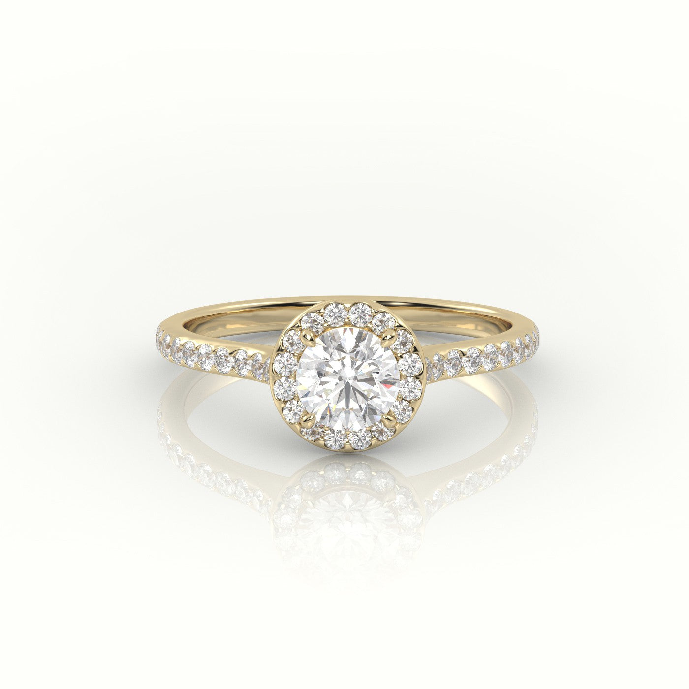 Round-Cut Diamond 4 Prongs Halo Pave Setting Engagement Ring — Yellow Gold