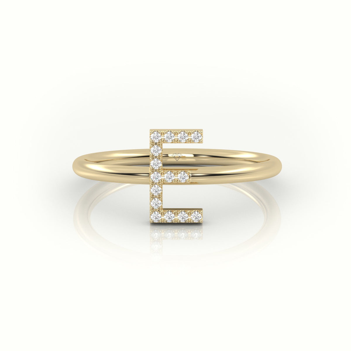 Round Cut Diamonds “E” Initials Monogram Alphabet Ring — Yellow Gold