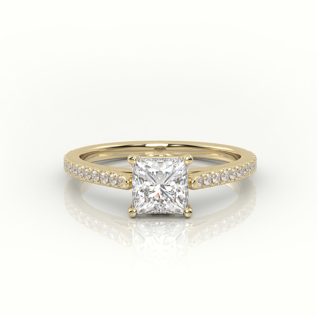 Princess Cut Diamond 4 Prongs Pave Setting Engagement Ring — Yellow Gold