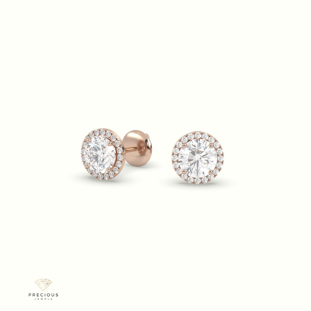 4 Prong Round Lab-Grown Diamond Halo Stud Earrings 18K Rose Gold