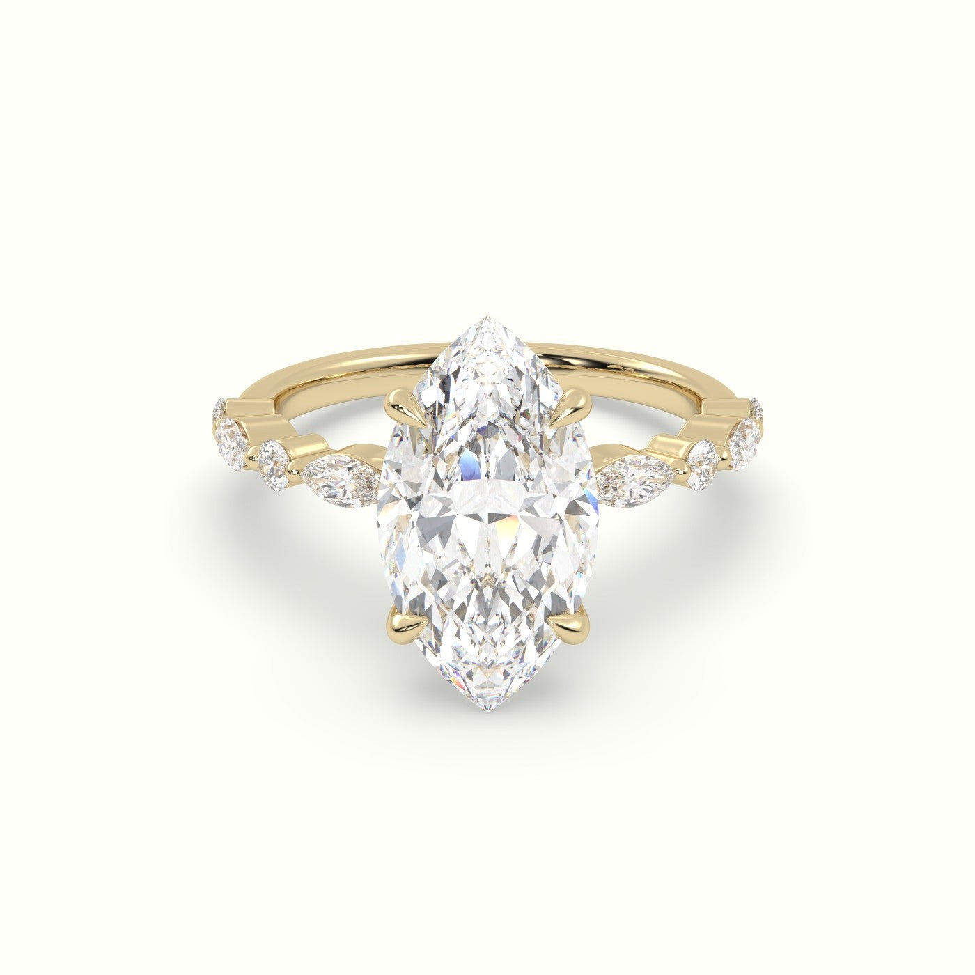 Marquise Cut Diamond Engagement Ring With Marquise And Round Side Stones — Yellow Gold