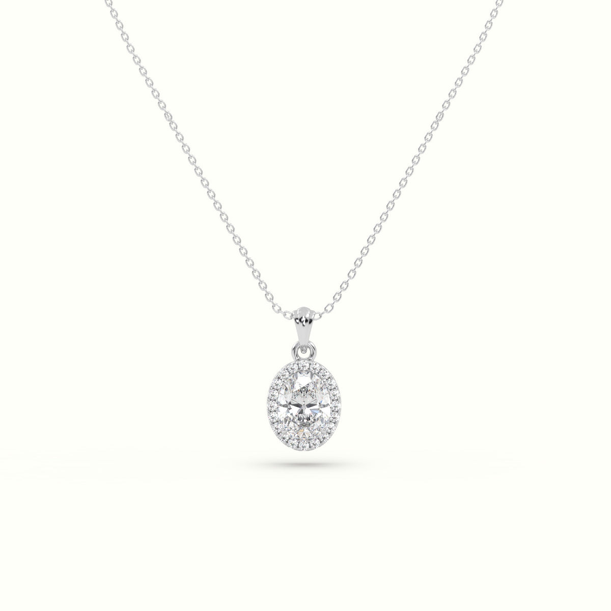 Oval Cut Solitaire Halo Diamond Pendant — White Gold